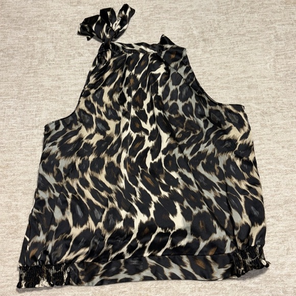 2X Animal print leopard print halter top dressy satin- bow at neck smocking - Picture 4 of 5
